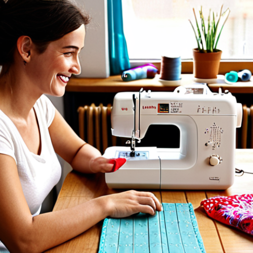 A cozy home sewing setup.**

Prompt: "A brightly lit, inviting home sewing space. A modern electronic sewing machine sits on a wooden table with colorful fabrics and thread spools scattered around. A woman is smiling and focused, working on a garment. In the background, you can see a design board and maybe a cup of tea. The overall feeling is creative and comfortable."

**