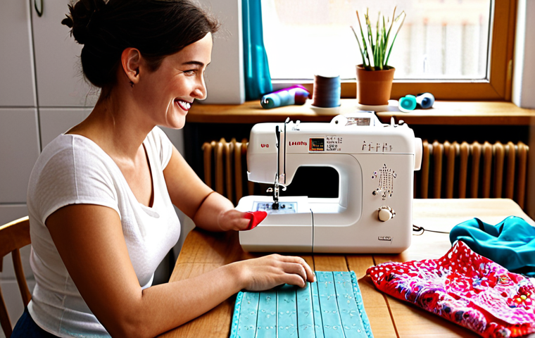 A cozy home sewing setup.**
Prompt: "A brightly lit, inviting home sewing space. A modern electronic sewing machine sits on a wooden table with colorful fabrics and thread spools scattered around. A woman is smiling and focused, working on a garment. In the background, you can see a design board and maybe a cup of tea. The overall feeling is creative and comfortable."
**