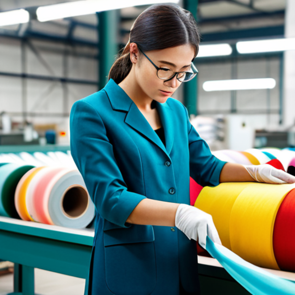 Fabric Inspection**
A quality control inspector in a bright, modern textile factory, carefully examining a roll of colorful fabric under a magnifying glass. She is fully clothed in professional, modest attire appropriate for the workplace. Focus on the texture of the fabric and the inspector's focused expression. Safe for work, appropriate content, perfect anatomy, correct proportions, natural pose, professional photography, high quality.
**