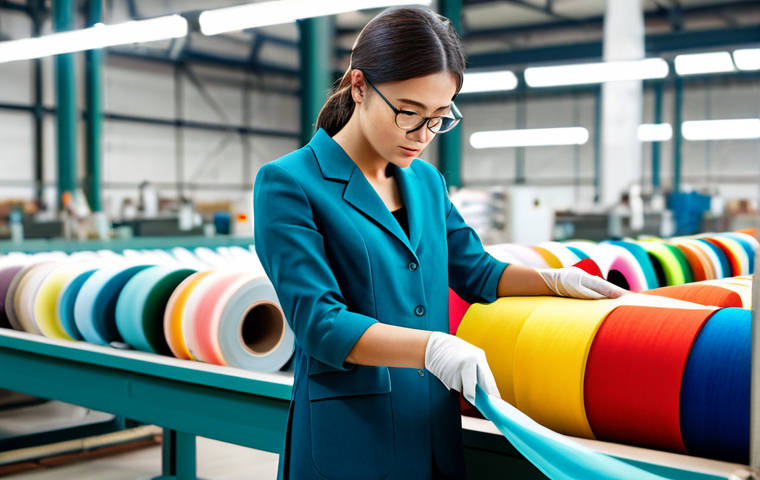 Fabric Inspection**

A quality control inspector in a bright, modern textile factory, carefully examining a roll of colorful fabric under a magnifying glass. She is fully clothed in professional, modest attire appropriate for the workplace. Focus on the texture of the fabric and the inspector's focused expression. Safe for work, appropriate content, perfect anatomy, correct proportions, natural pose, professional photography, high quality.

**