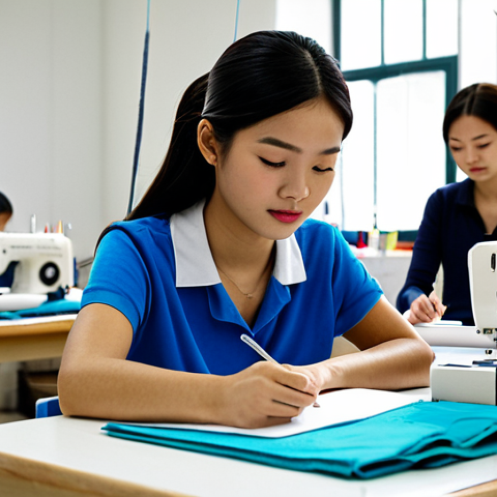 Aspiring Fashion Student**
"A young Vietnamese woman, fully clothed in casual but stylish clothing, attentively taking notes in a brightly lit sewing class. She is surrounded by sewing machines, fabric swatches, and mannequins. Emphasis on perfect anatomy, correct proportions, and well-formed hands. Safe for work, appropriate content, modest and professional environment."
**