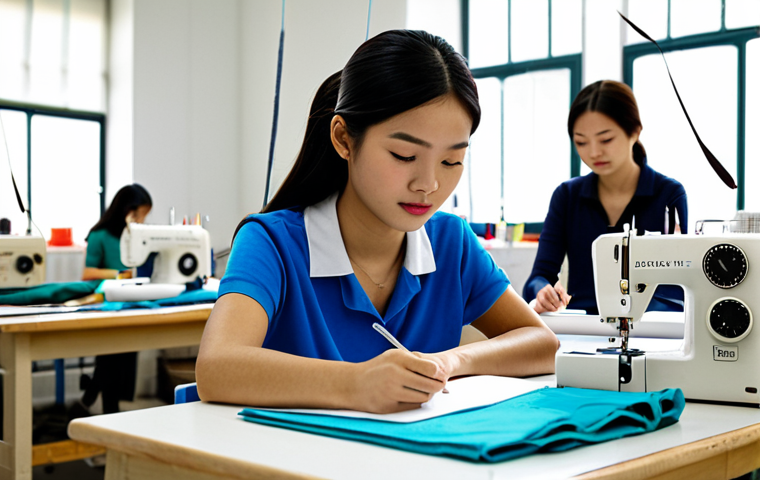 Aspiring Fashion Student**
"A young Vietnamese woman, fully clothed in casual but stylish clothing, attentively taking notes in a brightly lit sewing class. She is surrounded by sewing machines, fabric swatches, and mannequins. Emphasis on perfect anatomy, correct proportions, and well-formed hands. Safe for work, appropriate content, modest and professional environment."
**