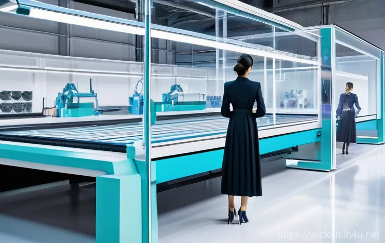 의류기술 업무 자동화 사례 - **Prompt: Futuristic Textile Design and Automated Cutting**
"A vibrant, brightly lit textile des...
