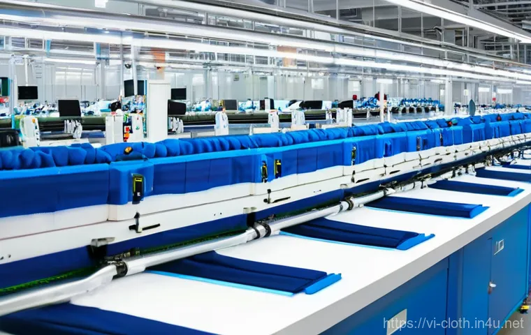 의류기술 업무 자동화 사례 - **Prompt: Futuristic Textile Design and Automated Cutting**
    "A vibrant, brightly lit textile des...