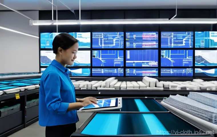 의류기술 업무 자동화 사례 - **Prompt: Automated Sewing in a Smart Factory**
    "A high-tech, impeccably clean textile factory f...