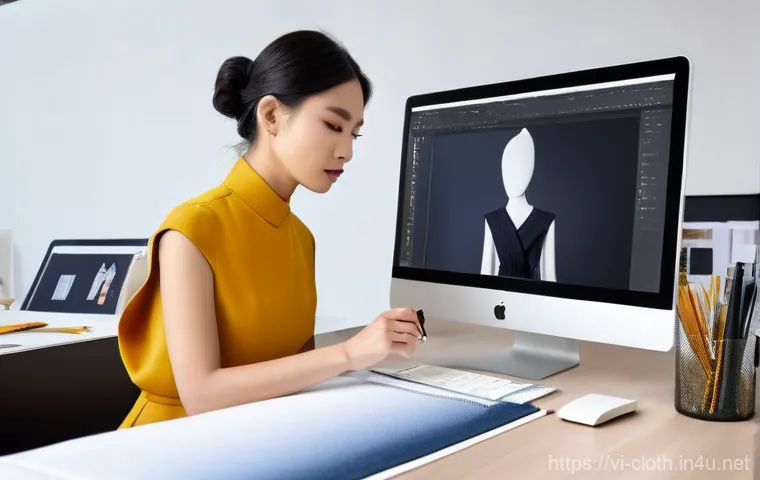 의류기술 교육 프로그램 기획 - **"A modern fashion designer's studio, showcasing the blend of traditional craft and digital innovat...