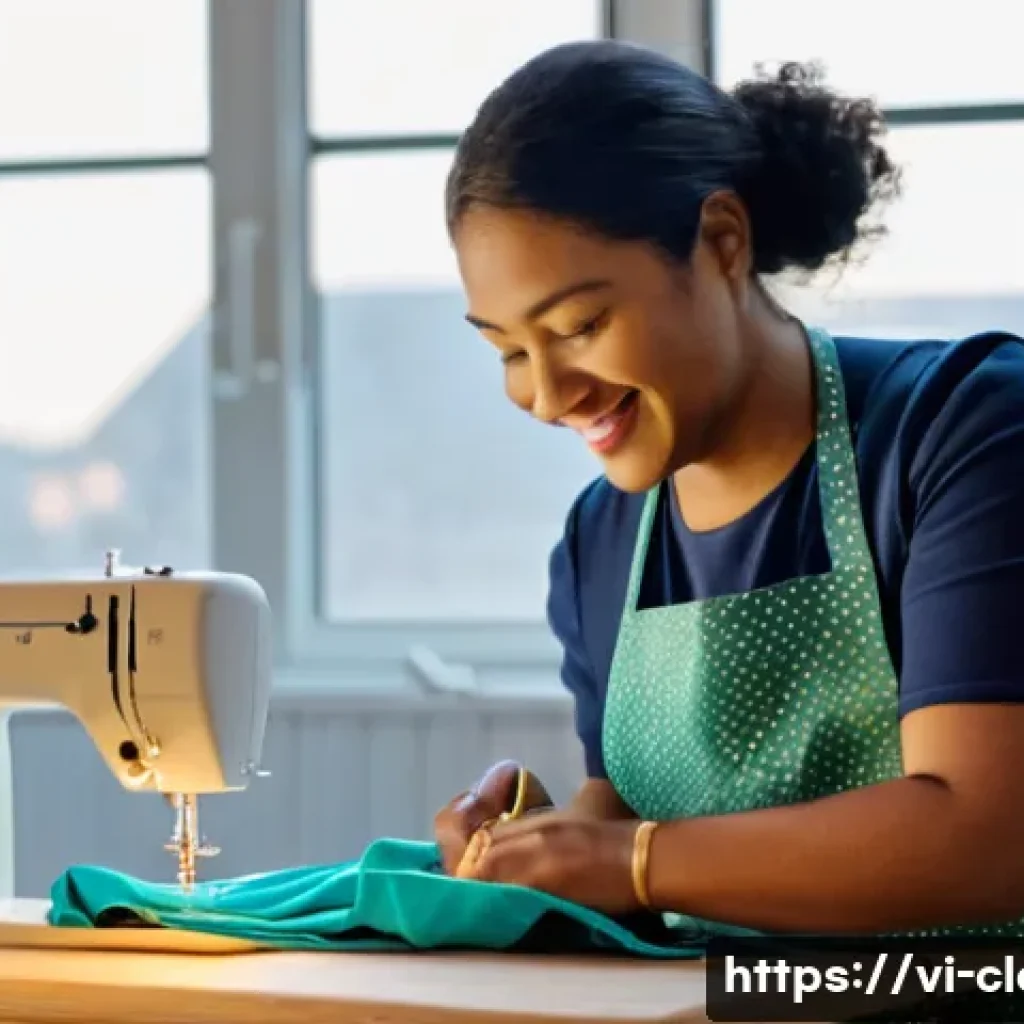 의류기술 교육 영상 제작법 - A warm, brightly lit home sewing studio. A female instructor in her late 20s to early 30s, wearing a...