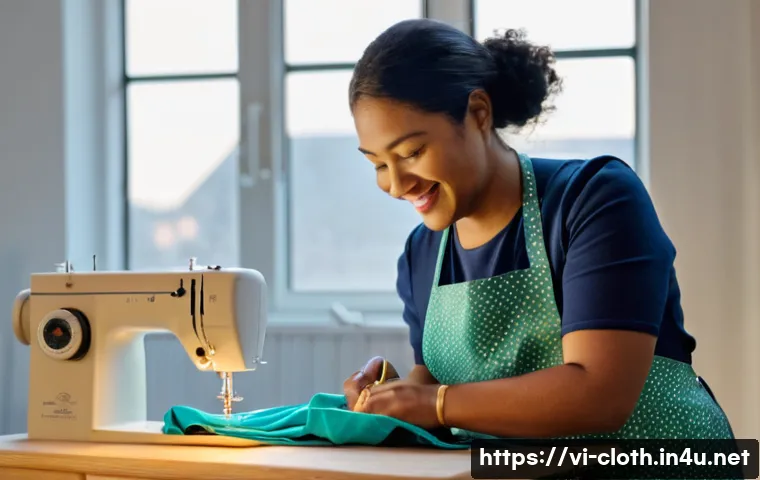 의류기술 교육 영상 제작법 - A warm, brightly lit home sewing studio. A female instructor in her late 20s to early 30s, wearing a...