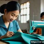Home 22 의류기술 자격시험 기출문제 분석 - A skilled Vietnamese tailor wearing modest, professional attire with a sewing machine in a bright, o...