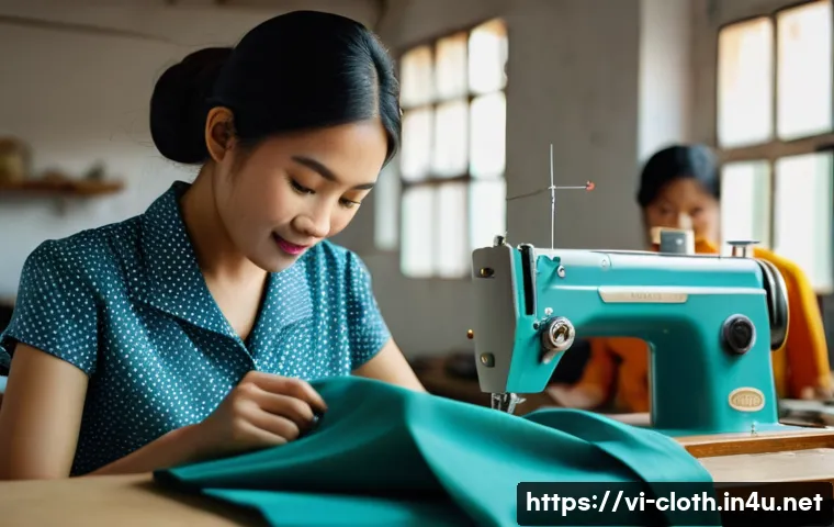 의류기술 자격시험 기출문제 분석 - A skilled Vietnamese tailor wearing modest, professional attire with a sewing machine in a bright, o...