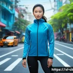 Home 21 의류기술 블로그 글쓰기 주제 - A modern Vietnamese sportswear model wearing advanced smart fabric clothing with temperature-sensing...