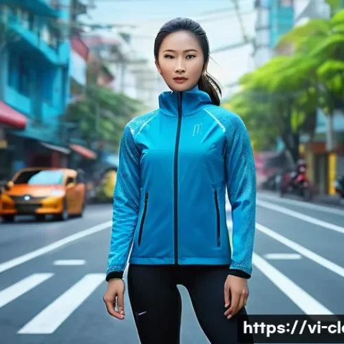 Home 33 의류기술 블로그 글쓰기 주제 - A modern Vietnamese sportswear model wearing advanced smart fabric clothing with temperature-sensing...