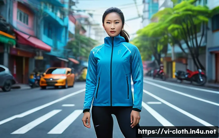 의류기술 블로그 글쓰기 주제 - A modern Vietnamese sportswear model wearing advanced smart fabric clothing with temperature-sensing...