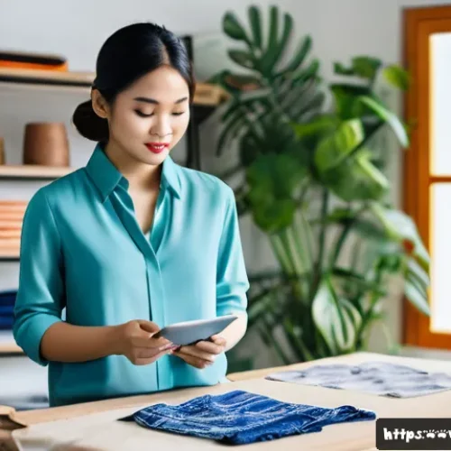 Home 32 의류기술과 연관된 디자인 툴 - A modern fashion designer workspace in Vietnam, featuring a young Vietnamese woman wearing stylish p...