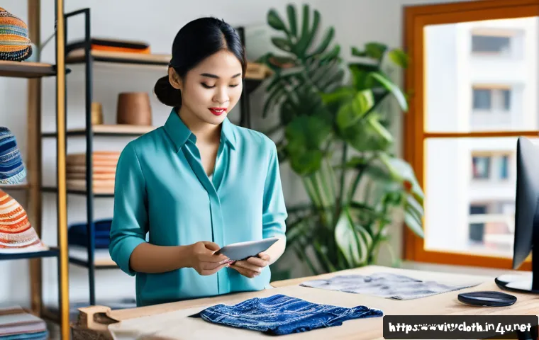 의류기술과 연관된 디자인 툴 - A modern fashion designer workspace in Vietnam, featuring a young Vietnamese woman wearing stylish p...