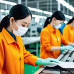 Home 19 의류기술 국제 표준 인증 가이드 - A modern Vietnamese garment factory interior showcasing an automated quality control system with adv...