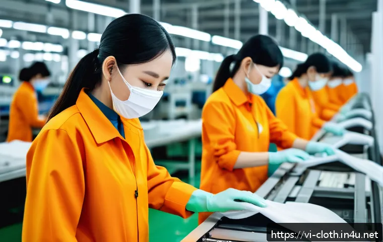 의류기술 국제 표준 인증 가이드 - A modern Vietnamese garment factory interior showcasing an automated quality control system with adv...