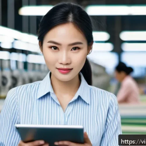 Home 30 의류기술 연봉 인상 협상 비법 - A confident Vietnamese garment industry professional in a modern textile factory, wearing neat casua...