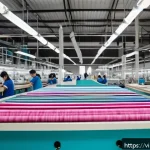 Home 23 의류 봉제 기술 현장 팁 - A vibrant Vietnamese garment factory interior with diverse workers wearing professional clothing, cl...