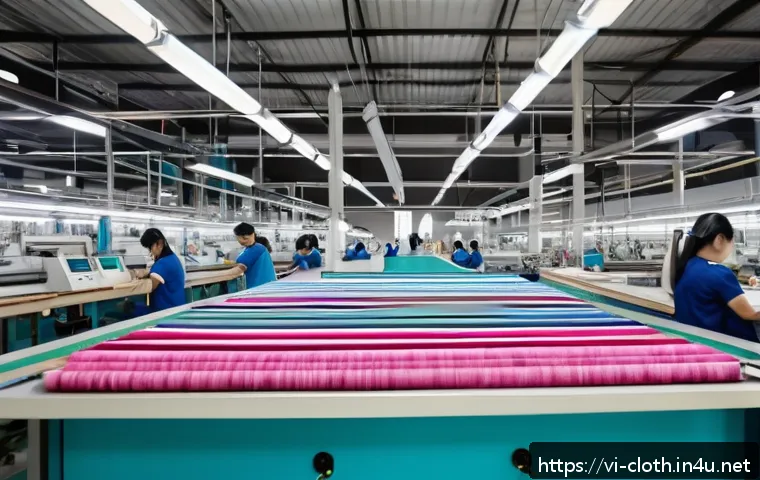 의류 봉제 기술 현장 팁 - A vibrant Vietnamese garment factory interior with diverse workers wearing professional clothing, cl...