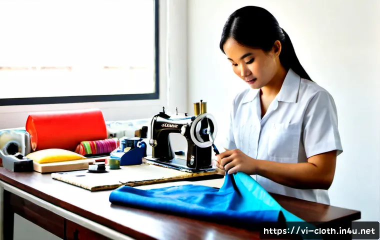 Home 17 의류기술자의 자기계발 방법 - Photorealistic Vietnamese garment technician in a bright Ho Chi Minh City apparel workshop, carefull...